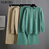 Ženska pletena trenirka, pulover s kapuljačom, harem hlače, pulover, top, CHIC, monokromatski, komplet od 2 dijela, zima, 2024.