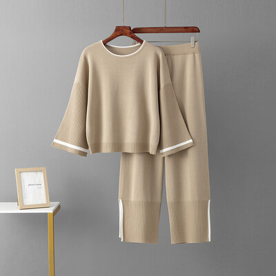 HLBCBG pavasara rudens sieviešu divdaļīgi tērpi ar garām piedurknēm trikotāžas džemperis, platas bikses atpūtas telpas komplekti, treniņtērpi