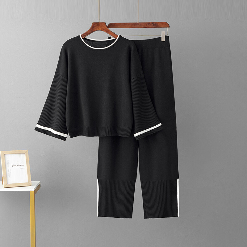 HLBCBG pavasara rudens sieviešu divdaļīgi tērpi ar garām piedurknēm trikotāžas džemperis, platas bikses atpūtas telpas komplekti, treniņtērpi