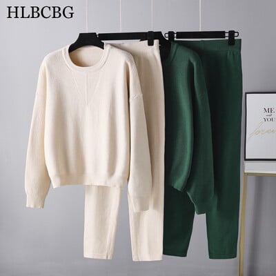 HLBCBG Seturi de pulovere 2 piese Trening pentru femei Pulover cu decolteu O + Pantaloni largi Pulover CHIC Pulover + Costum cu pantaloni morcovi tricotati