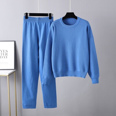 HLBCBG 2 Pieces džemperu komplekti Sieviešu treniņtērps O veida kakla džemperis + brīvas bikses CHIC džemperis + trikotāžas burkānu bikšu tērps