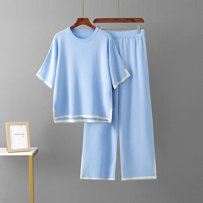 Sieviešu trikotāžas džemperis Divu gabalu komplekti Pavasaris Vasaras ar O veida kakla brīvi Puloveri Džemperu topi un platas bikses Trikotāžas izstrādājumi 2 gab. Uzvalki