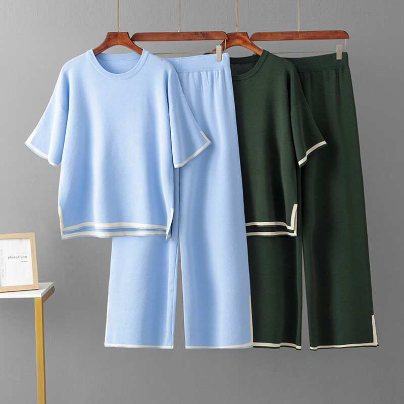 Sieviešu trikotāžas džemperis Divu gabalu komplekti Pavasaris Vasaras ar O veida kakla brīvi Puloveri Džemperu topi un platas bikses Trikotāžas izstrādājumi 2 gab. Uzvalki