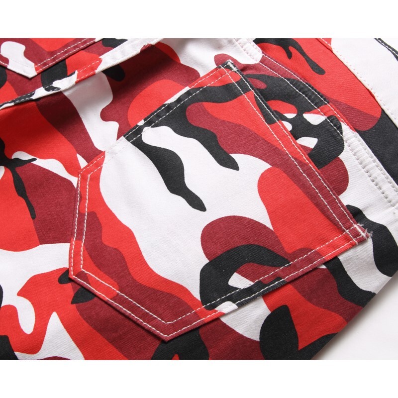 Punane kamuflaaž meeste teksapüksid sirge mood Kvaliteetne pidu lahedad püksid pestud harem Trend armee püksid