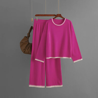 Kevadine kampsunpükste komplekt Sügistalvine ühevärviline kootud O kaelusega lõhikuga sviitrikomplekt Moodne vabaaja kampsun ja püksid Kaheosaline ülikond