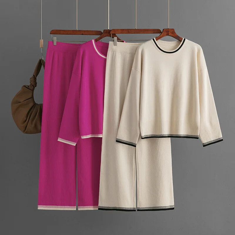 Kevadine kampsunpükste komplekt Sügistalvine ühevärviline kootud O kaelusega lõhikuga sviitrikomplekt Moodne vabaaja kampsun ja püksid Kaheosaline ülikond