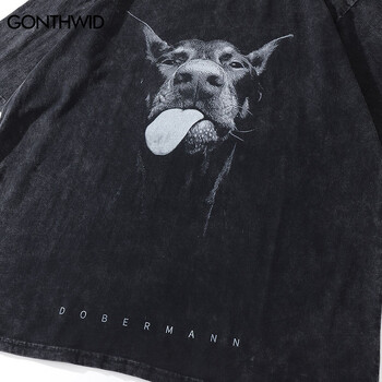 2023 Ανδρικά ρούχα χιπ χοπ υπερμεγέθη T-shirt Funny Doberman Dog graphic T-shirt Vintage Washed Black Tshirt Harajuku Tee Cotton