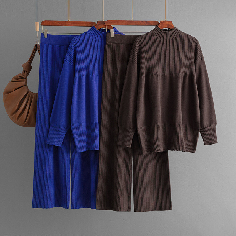 HLBCBG talvised vabaaja kudumikomplektid naiste lahtised lõhestatud ülaosa+kõrge vöökoht, laiad sääred, pikad püksid, uusim šikk kudumiskampsun 2 tk ülikonnad