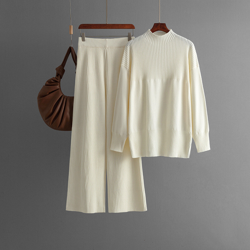 HLBCBG talvised vabaaja kudumikomplektid naiste lahtised lõhestatud ülaosa+kõrge vöökoht, laiad sääred, pikad püksid, uusim šikk kudumiskampsun 2 tk ülikonnad