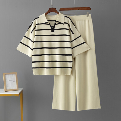 HLBCBG Spring New Sieviešu džemperu komplekts ar īsām piedurknēm Ikdienas džemperi, kostīmi, vasaras trikotāžas, brīvi svītraini Elegance augšas platas bikses