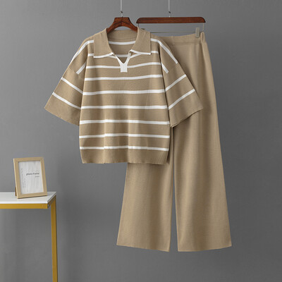 HLBCBG Spring New Sieviešu džemperu komplekts ar īsām piedurknēm Ikdienas džemperi, kostīmi, vasaras trikotāžas, brīvi svītraini Elegance augšas platas bikses