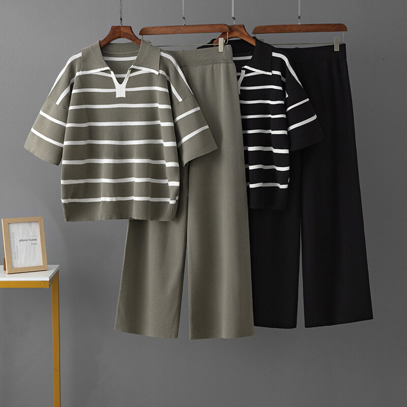 HLBCBG Spring New Sieviešu džemperu komplekts ar īsām piedurknēm Ikdienas džemperi, kostīmi, vasaras trikotāžas, brīvi svītraini Elegance augšas platas bikses