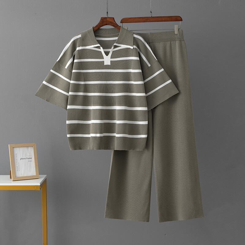 HLBCBG Spring New Sieviešu džemperu komplekts ar īsām piedurknēm Ikdienas džemperi, kostīmi, vasaras trikotāžas, brīvi svītraini Elegance augšas platas bikses