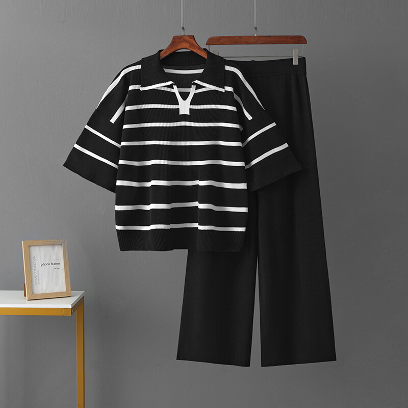 HLBCBG Spring New Sieviešu džemperu komplekts ar īsām piedurknēm Ikdienas džemperi, kostīmi, vasaras trikotāžas, brīvi svītraini Elegance augšas platas bikses