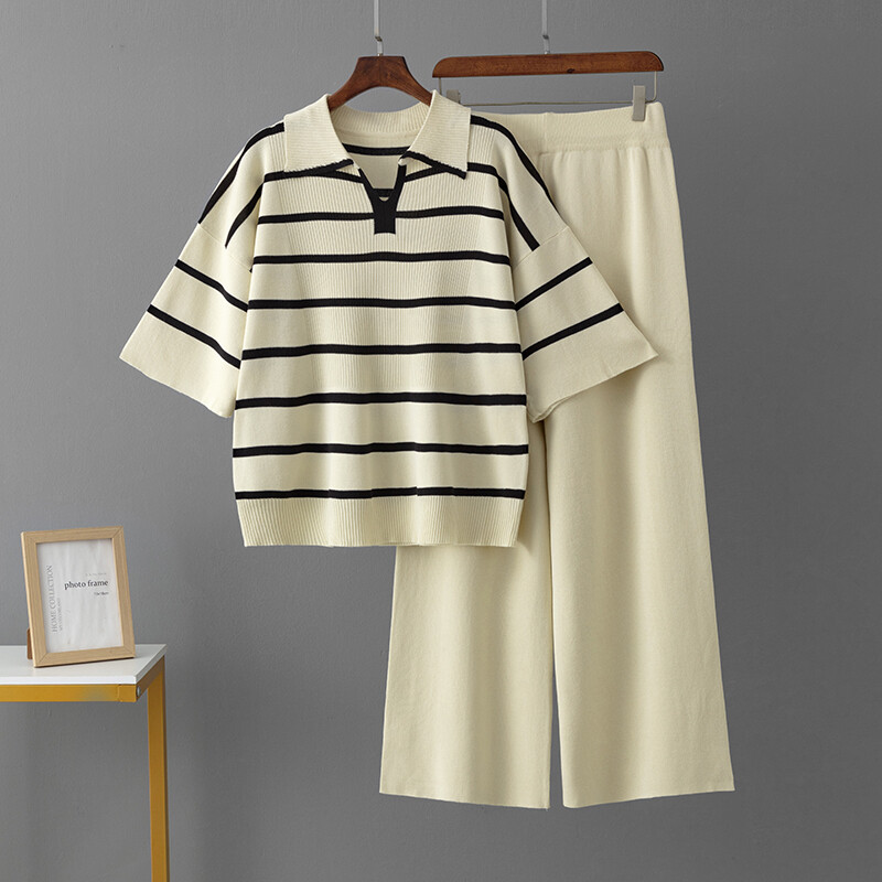 HLBCBG Spring New Sieviešu džemperu komplekts ar īsām piedurknēm Ikdienas džemperi, kostīmi, vasaras trikotāžas, brīvi svītraini Elegance augšas platas bikses