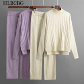 Ženska pletena trenirka s dolčevitom i dolčevitom, hlače, ležerno modno odijelo, jednobojni džemperi, jesenski dvodijelni kompleti širokog kroja