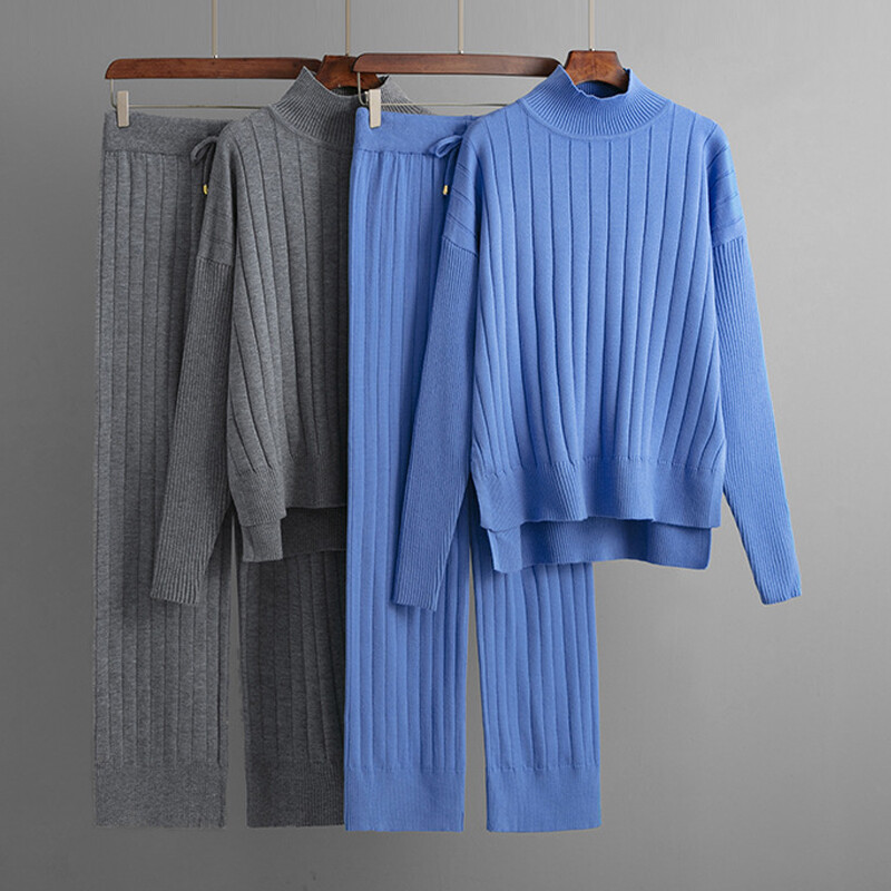 Ženska pletena trenirka s dolčevitom i dolčevitom, hlače, ležerno modno odijelo, jednobojni džemperi, jesenski dvodijelni kompleti širokog kroja