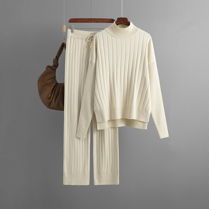 Ženska pletena trenirka s dolčevitom i dolčevitom, hlače, ležerno modno odijelo, jednobojni džemperi, jesenski dvodijelni kompleti širokog kroja