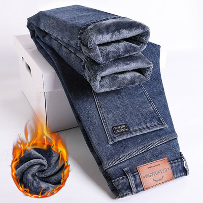 Blugi de iarnă din lână groși și caldi Pantaloni de denim drepti, elastici, pentru bărbați, îmbrăcăminte ocazională pentru bărbați, pantaloni de pluș la modă