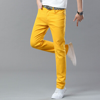 Корейски ежедневни червени жълти розови младежки парти хип-хоп мъжки прави дънки Дизайн модни дънкови панталони еластични тънки прави