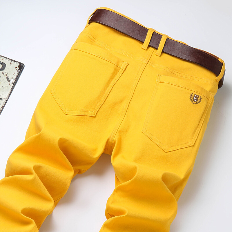 Корейски ежедневни червени жълти розови младежки парти хип-хоп мъжки прави дънки Дизайн модни дънкови панталони еластични тънки прави
