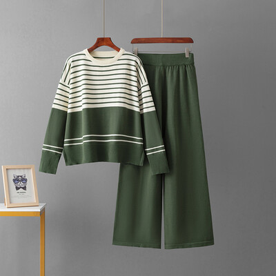 HLBCBG triibuline kootud kampsun naiste ülikonnad lahtised topid + tugevad laiad säärtega pikad püksid sügisesed vabaaja soojad talvised kootud kaheosalised ülikonnad