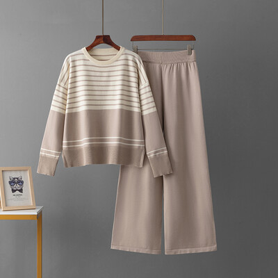 HLBCBG triibuline kootud kampsun naiste ülikonnad lahtised topid + tugevad laiad säärtega pikad püksid sügisesed vabaaja soojad talvised kootud kaheosalised ülikonnad