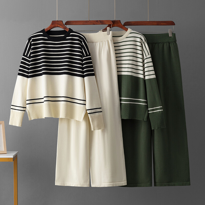 HLBCBG triibuline kootud kampsun naiste ülikonnad lahtised topid + tugevad laiad säärtega pikad püksid sügisesed vabaaja soojad talvised kootud kaheosalised ülikonnad