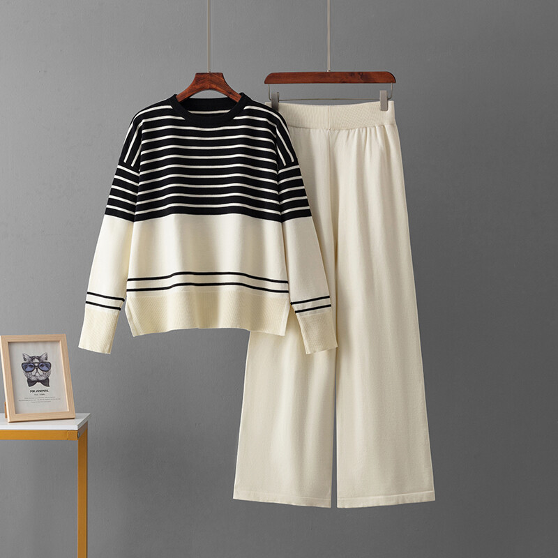 HLBCBG triibuline kootud kampsun naiste ülikonnad lahtised topid + tugevad laiad säärtega pikad püksid sügisesed vabaaja soojad talvised kootud kaheosalised ülikonnad