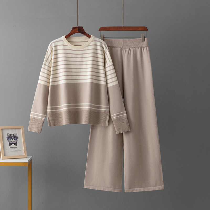 HLBCBG triibuline kootud kampsun naiste ülikonnad lahtised topid + tugevad laiad säärtega pikad püksid sügisesed vabaaja soojad talvised kootud kaheosalised ülikonnad