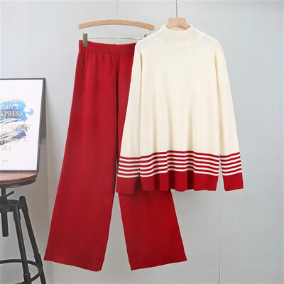 2024. gada sieviešu puloveru bikšu komplekts ikdienišķs elastīgs džempera tērps, krāsa kontrasts, trikotāžas, brīvi, elegances topi ar garām piedurknēm rudens ziema