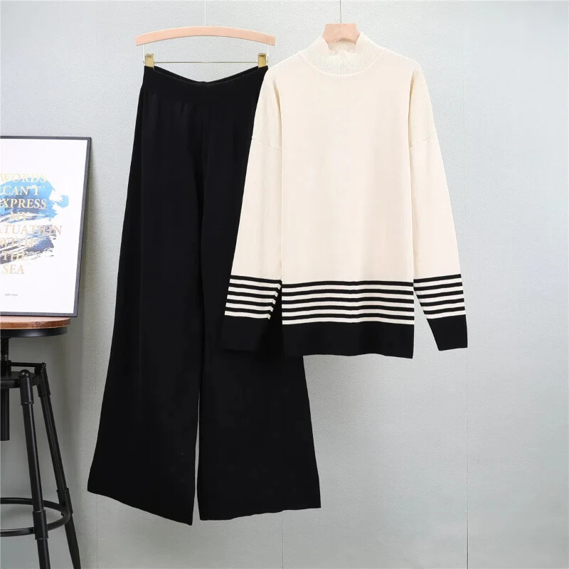 2024. gada sieviešu puloveru bikšu komplekts ikdienišķs elastīgs džempera tērps, krāsa kontrasts, trikotāžas, brīvi, elegances topi ar garām piedurknēm rudens ziema