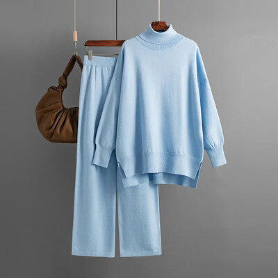 Rudens ziema divi gabali sieviešu puloveri komplekti trikotāžas sporta tērps bruņurupuča džemperis, taisns skriešanas bikses biroja dāmu tērpi