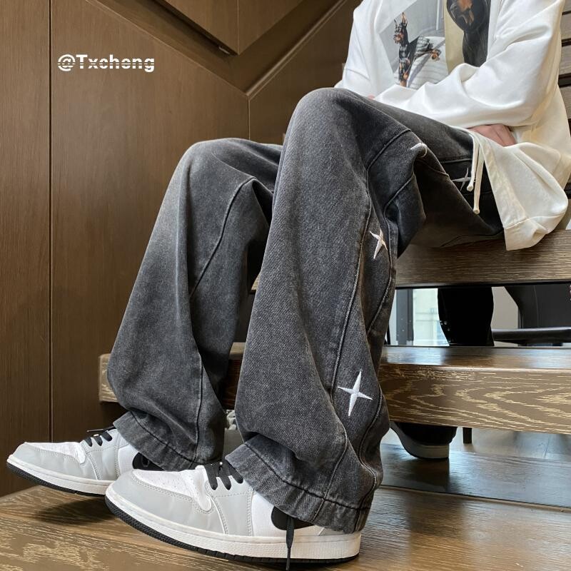 2024. gada amerikāņu retro vīriešu un sieviešu modernas zvaigžņu formas grafiskā dizaina taisnas džinsi brīvas hiphopa platas ikdienas bikses y2k