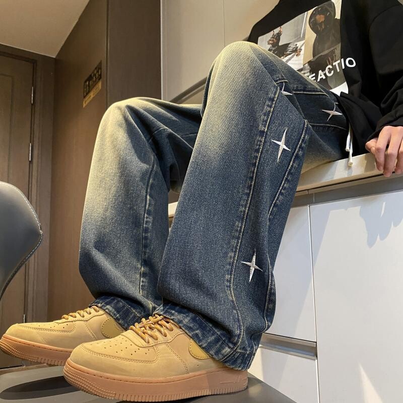 2024. gada amerikāņu retro vīriešu un sieviešu modernas zvaigžņu formas grafiskā dizaina taisnas džinsi brīvas hiphopa platas ikdienas bikses y2k