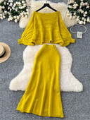 SINGREINY ikdienas džemperis, trikotāžas kostīmi sievietēm ar sikspārņa piedurknēm, brīvi īsi tops + augsti elastīgi pamata svārki Hotsweet ciets divu gabalu komplekts