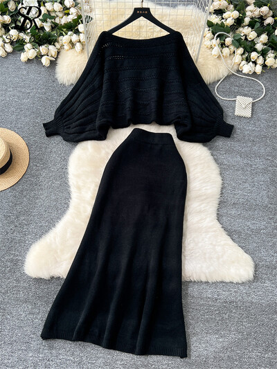 SINGREINY ikdienas džemperis, trikotāžas kostīmi sievietēm ar sikspārņa piedurknēm, brīvi īsi tops + augsti elastīgi pamata svārki Hotsweet ciets divu gabalu komplekts