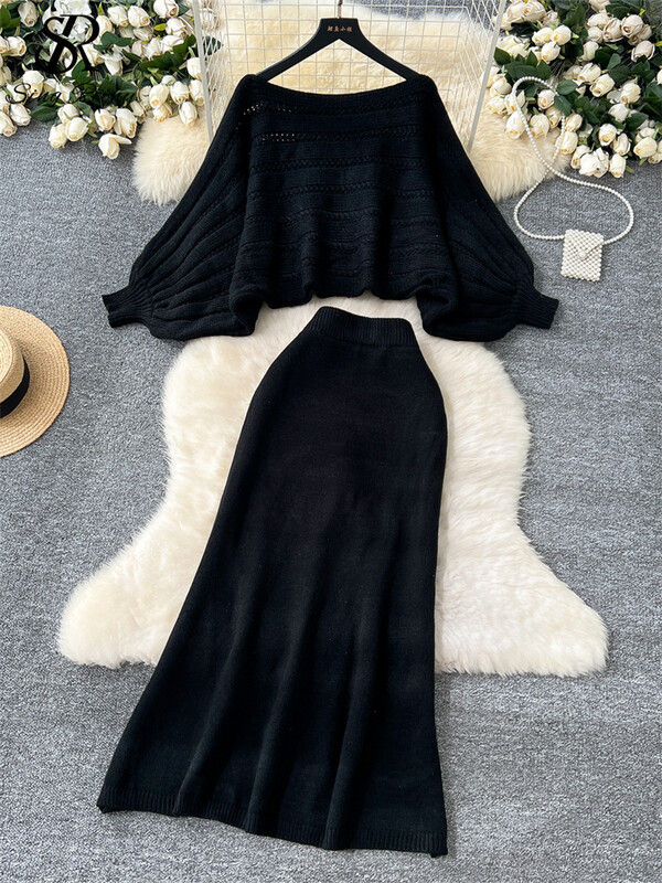 SINGREINY ikdienas džemperis, trikotāžas kostīmi sievietēm ar sikspārņa piedurknēm, brīvi īsi tops + augsti elastīgi pamata svārki Hotsweet ciets divu gabalu komplekts