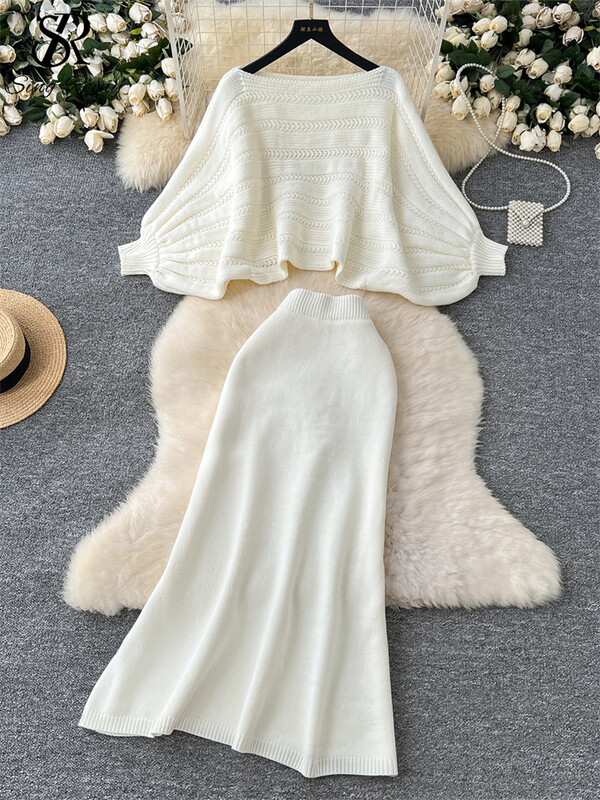 SINGREINY ikdienas džemperis, trikotāžas kostīmi sievietēm ar sikspārņa piedurknēm, brīvi īsi tops + augsti elastīgi pamata svārki Hotsweet ciets divu gabalu komplekts