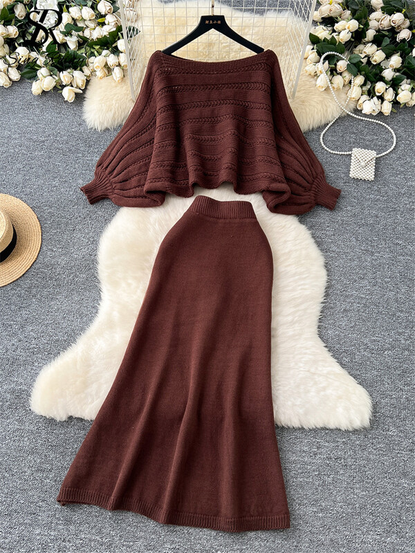 SINGREINY ikdienas džemperis, trikotāžas kostīmi sievietēm ar sikspārņa piedurknēm, brīvi īsi tops + augsti elastīgi pamata svārki Hotsweet ciets divu gabalu komplekts