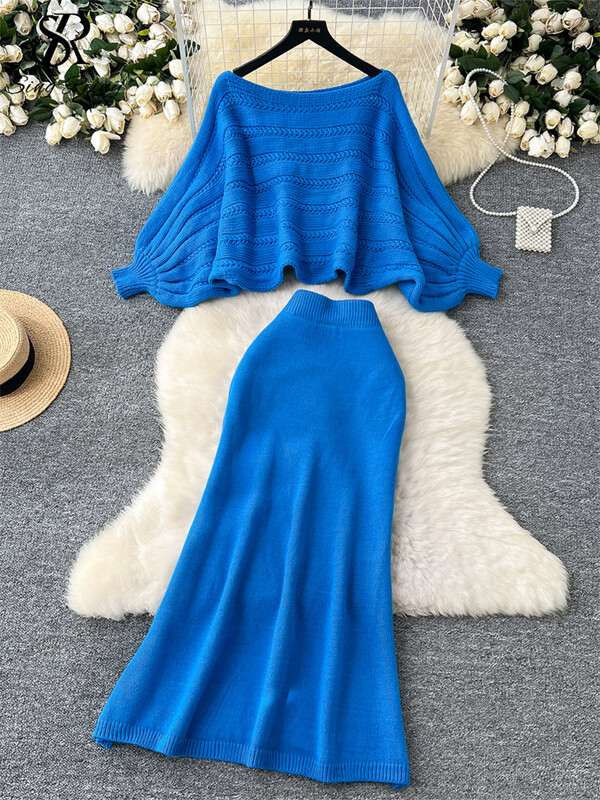 SINGREINY ikdienas džemperis, trikotāžas kostīmi sievietēm ar sikspārņa piedurknēm, brīvi īsi tops + augsti elastīgi pamata svārki Hotsweet ciets divu gabalu komplekts