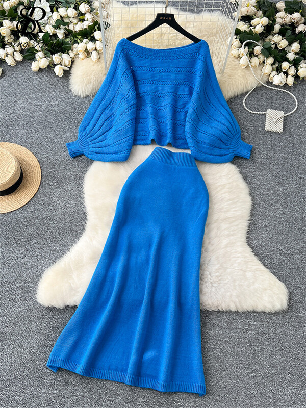 SINGREINY ikdienas džemperis, trikotāžas kostīmi sievietēm ar sikspārņa piedurknēm, brīvi īsi tops + augsti elastīgi pamata svārki Hotsweet ciets divu gabalu komplekts