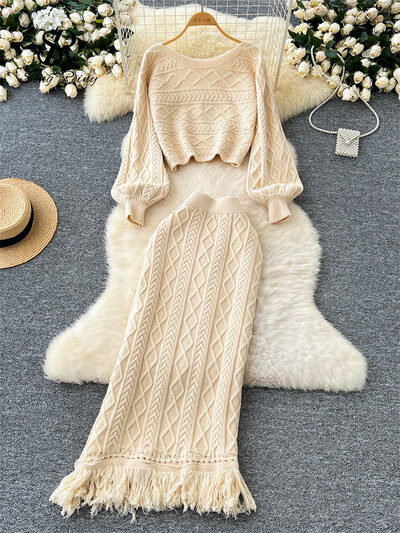 SINGREINY Modes pušķu džemperis, kostīmi ziemai ar garām piedurknēm rūtaini džemperi+elastīgi garie svārki, adīti biezi silti, divu gabalu komplekti