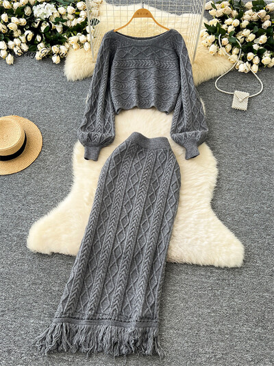 SINGREINY Modes pušķu džemperis, kostīmi ziemai ar garām piedurknēm rūtaini džemperi+elastīgi garie svārki, adīti biezi silti, divu gabalu komplekti