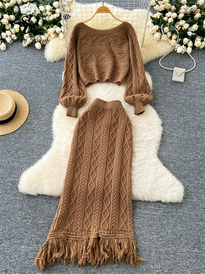 SINGREINY Modes pušķu džemperis, kostīmi ziemai ar garām piedurknēm rūtaini džemperi+elastīgi garie svārki, adīti biezi silti, divu gabalu komplekti