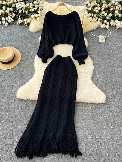 SINGREINY Modes pušķu džemperis, kostīmi ziemai ar garām piedurknēm rūtaini džemperi+elastīgi garie svārki, adīti biezi silti, divu gabalu komplekti