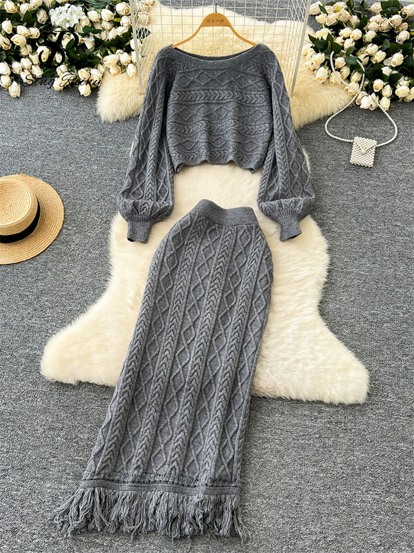 SINGREINY Modes pušķu džemperis, kostīmi ziemai ar garām piedurknēm rūtaini džemperi+elastīgi garie svārki, adīti biezi silti, divu gabalu komplekti