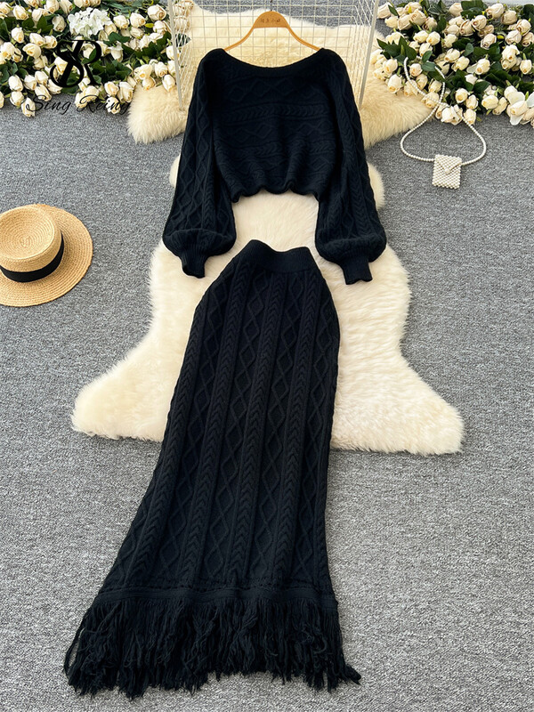 SINGREINY Modes pušķu džemperis, kostīmi ziemai ar garām piedurknēm rūtaini džemperi+elastīgi garie svārki, adīti biezi silti, divu gabalu komplekti