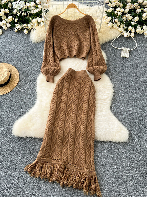 SINGREINY Modes pušķu džemperis, kostīmi ziemai ar garām piedurknēm rūtaini džemperi+elastīgi garie svārki, adīti biezi silti, divu gabalu komplekti