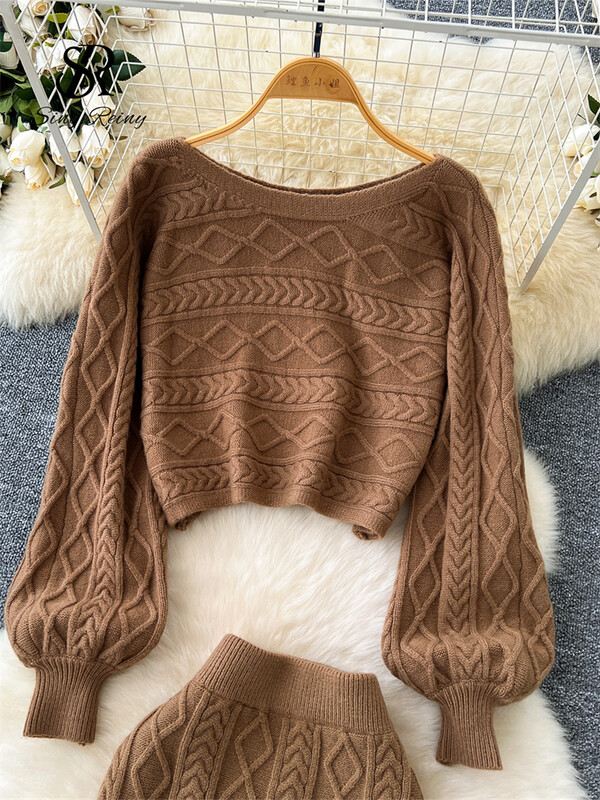 SINGREINY Modes pušķu džemperis, kostīmi ziemai ar garām piedurknēm rūtaini džemperi+elastīgi garie svārki, adīti biezi silti, divu gabalu komplekti